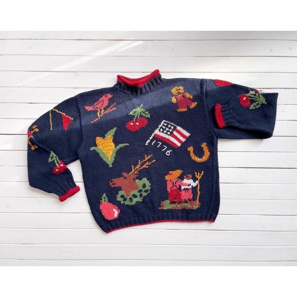 Heirloom Sweaters - vtg Heirlooms navy blue turtleneck Americana farm country hand knit‎ sweater